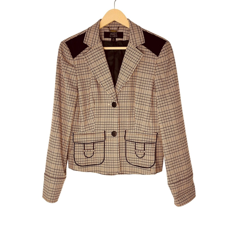 Allen by ABS‎ Blazer Women 10 Brown Plaid Academic Suede Patch Pocket Jacket